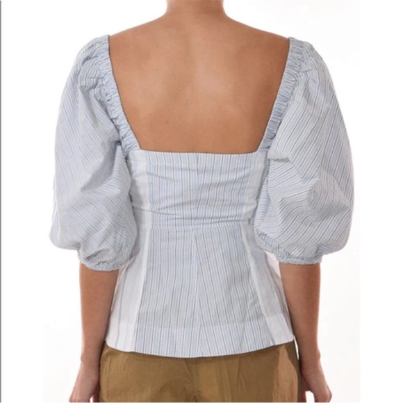 GANNI Blouse Cotton Puff Sleeve Button Down in Blue Striped - Picture 3 of 10